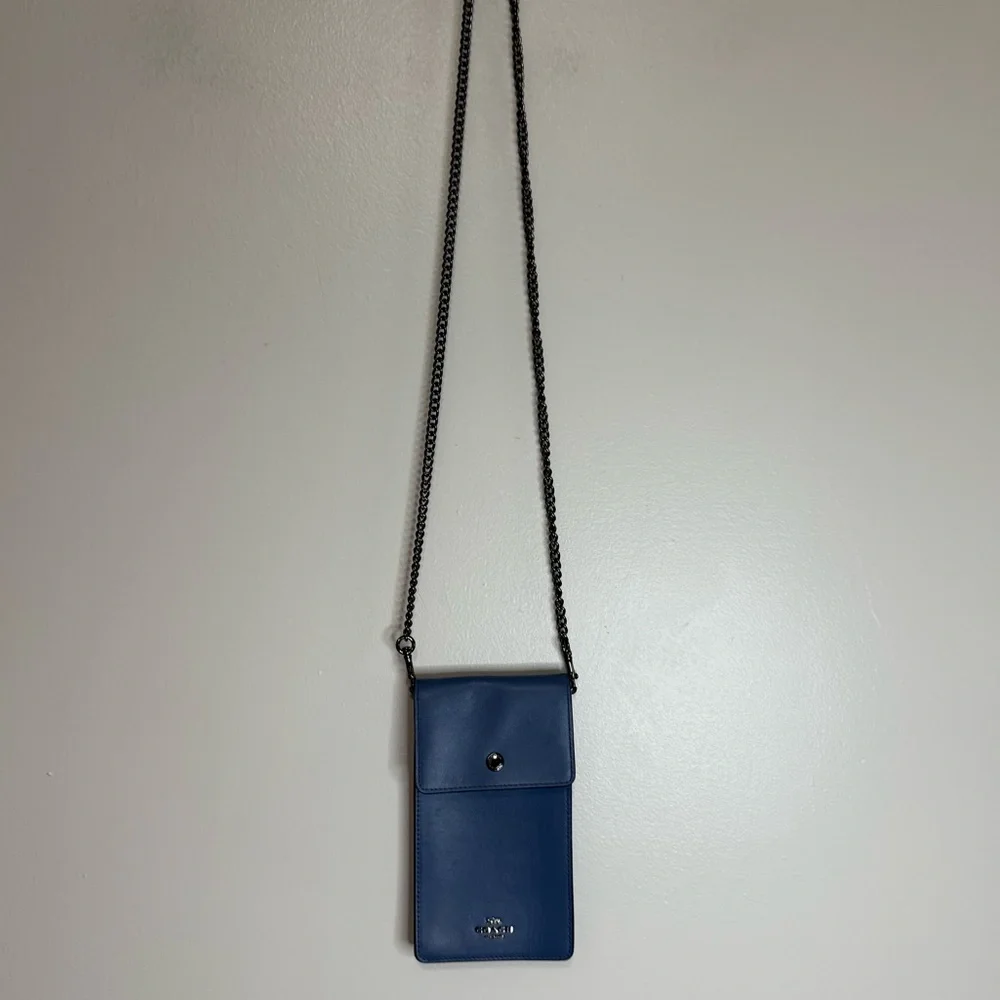 Coach Blue Leather Crossbody Phone Pouch with gunmetal gray Chain Strap
